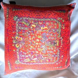 Hermes Orange Silk-Pattern Accent Pillow with Horses Multicolor Motif